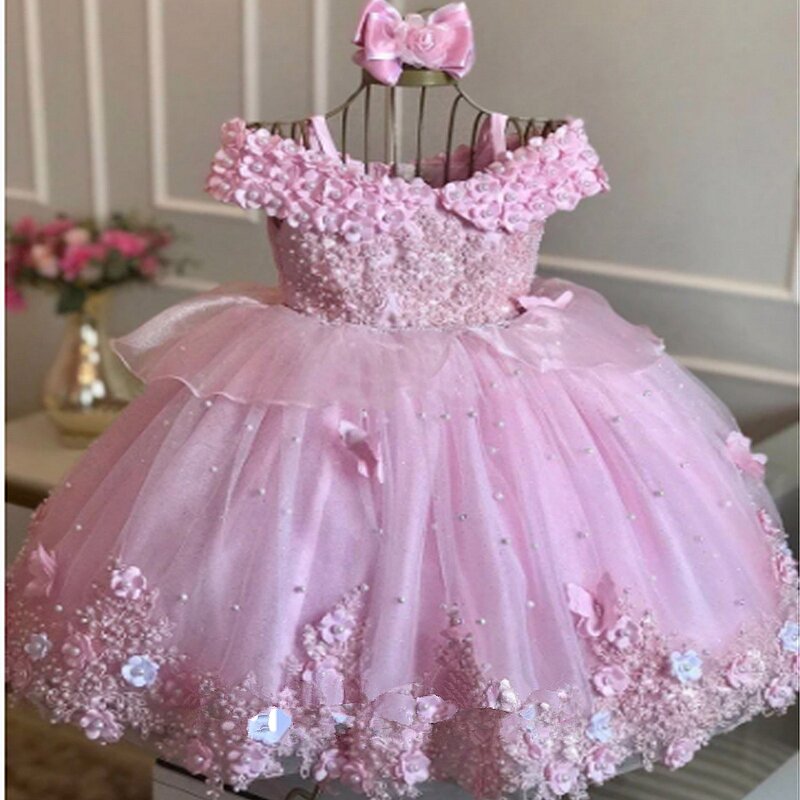 Baby Girl Birthday Dress Lace Pearls Infant Tutu Dress Princess Flower Girl Dress Cap Sleeve Long Christmas Gown
