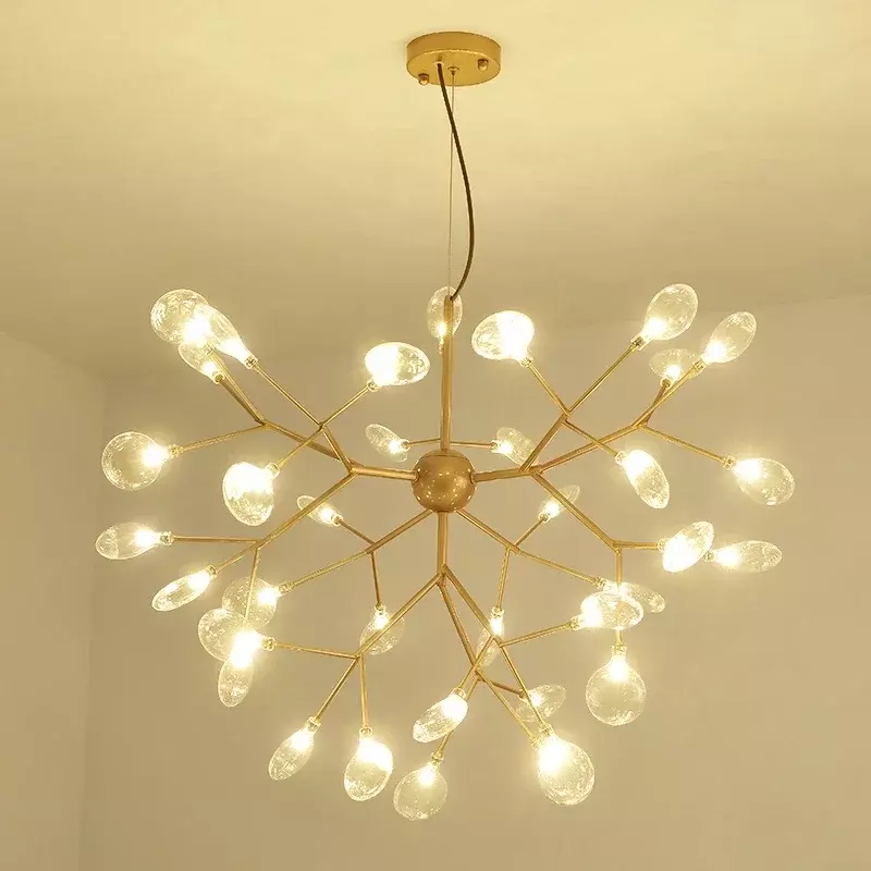 Modern Firefly Chandelier Glass Ceiling Light Iron Tree Branch Suspension Luminaire Gold Black Pendant Lamp Living Room Lustre