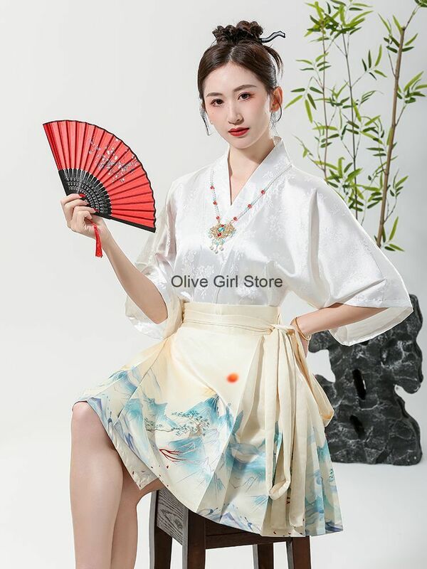2024 Dynastia Ming Hanfu Oryginalny codzienny zestaw z nadrukiem Spódnica z twarzą konia Ulepszona odzież damska Tradycyjna chińska sukienka dla dziewczynek