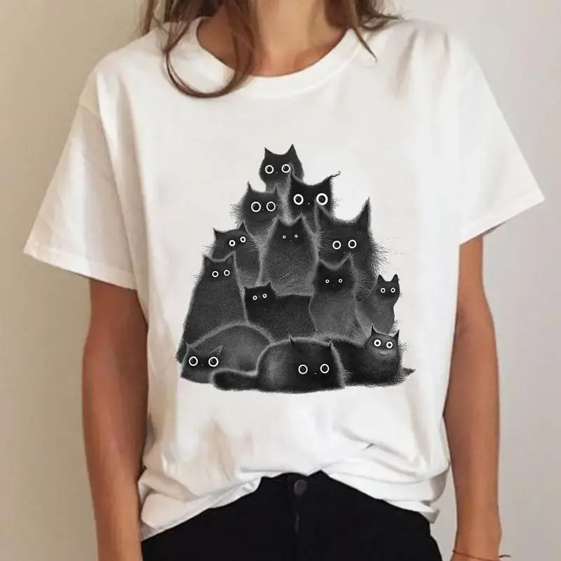 T-shirt graphique à manches courtes pour femmes, vêtements pour femmes, haut féminin de dessin animé, interconnexion de chat, mode des années 90, t-shirt d'été