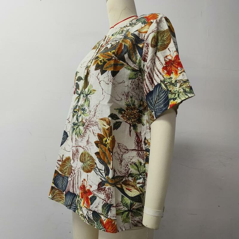 Женская Повседневная Блузка на пуговицах, свободная летняя футболка с коротким рукавом и круглым вырезом, с цветочным принтом, в стиле ретро