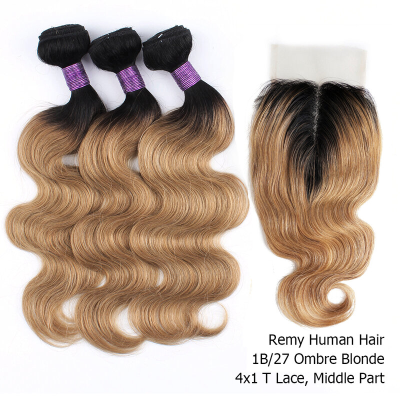 3 Bundles with Closure Transparent Lace 200g/set Body Wave Black Brown Blonde Ombre Remy Human Hair Weave Extension MogulHair