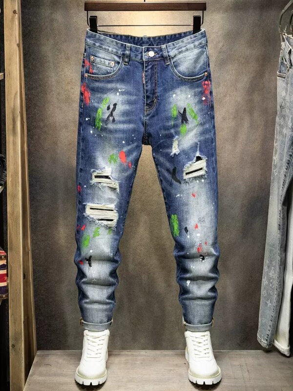 Pantalones vaqueros elásticos Retro para Hombre, Jeans rasgados con agujeros, diseño pintado, Hip Hop, moda urbana, azul