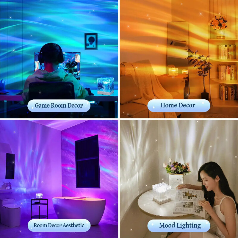 โคมไฟคริสตัล LED ไฟกลางคืนไฟเครื่องฉายแสงเหนือ, โคมไฟระย้าทรงน้ำ17สีสำหรับห้องนอนและพระอาทิตย์ตก