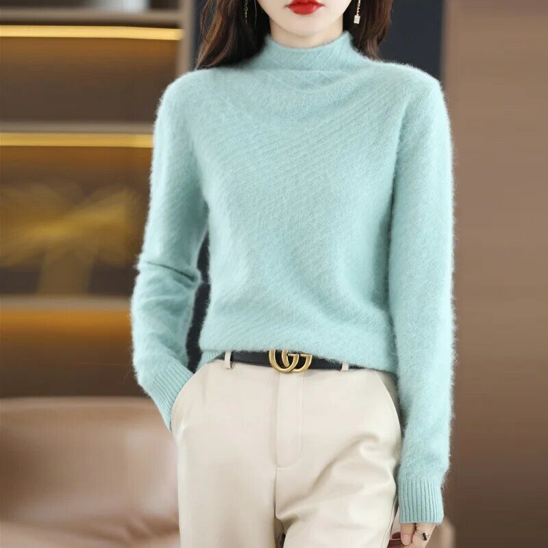Suéter de punto de visón para mujer, jersey de cuello medio alto, manga larga, cálido, Color sólido, edición coreana, otoño e invierno, 2022