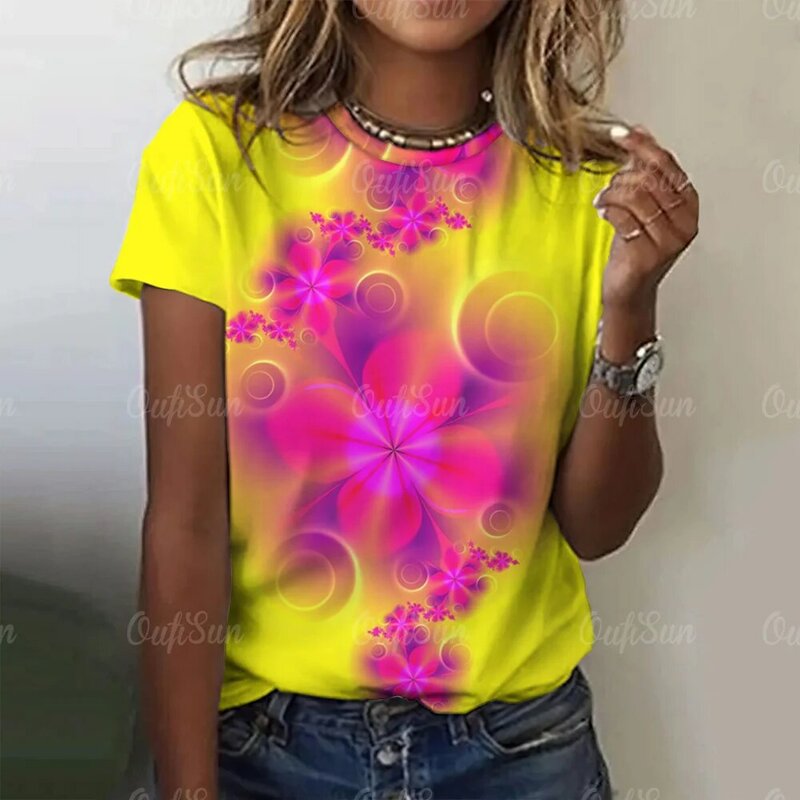 Camisetas con estampado de flores abstractas para mujer, Jersey informal holgado de manga corta, moda de verano, 2024