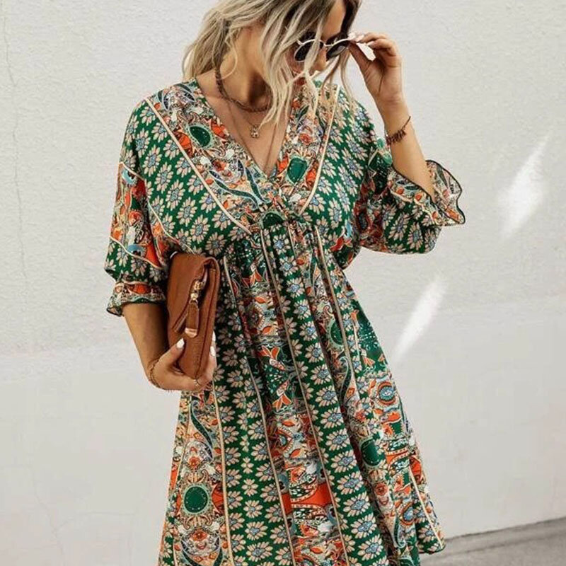 Dresses V-neck Above Knee Mini Casual Floral Empire Pullover Cotton Three Quarter Women's Clothing Summer Comfortable Leisure