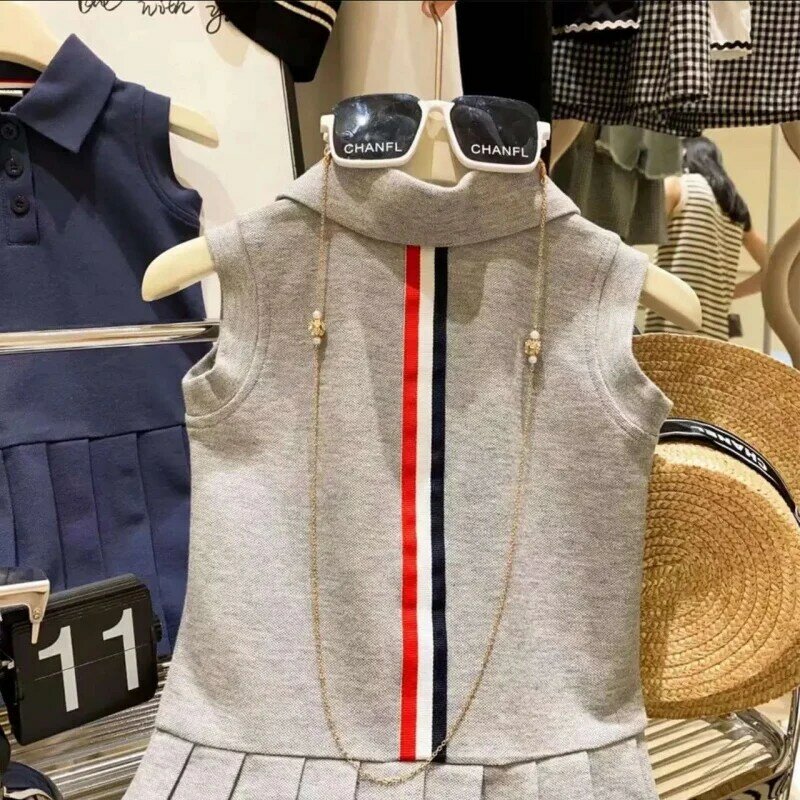 Vestido estilo preppy infantil, rua frita para bebé, polo ocidental, colete plissado infantil, verão, preto, 2024