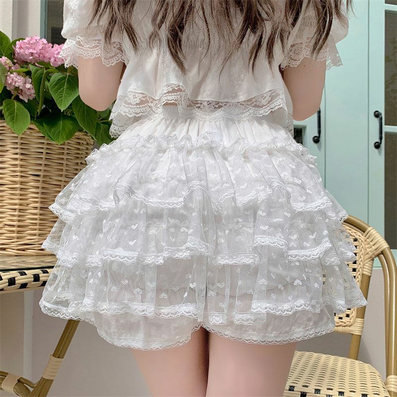 Japanese Style Playful 2024 Summer New Women's Solid Color Elastic Bow High Waist Loose Patchwork Ruffles Lace Fashion Shorts