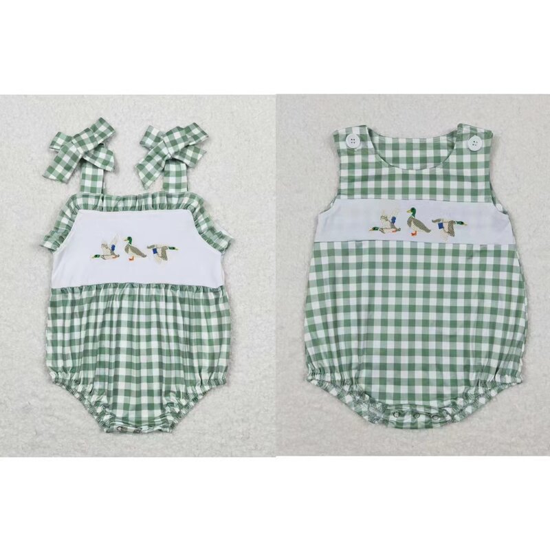 Wholesale Kids Baby Boy Girl Embroidery Duck Green Plaid Jumpsuit Newborn Coverall Romper Toddler Bubble Bodysuit One-piece