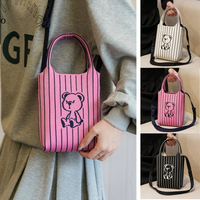 Beibaobao 2024 New Women's Bag Casual Fashion Single Shoulder Crossbody Bag Cartoon Canvas Little Bear Phone Bag Handbag
