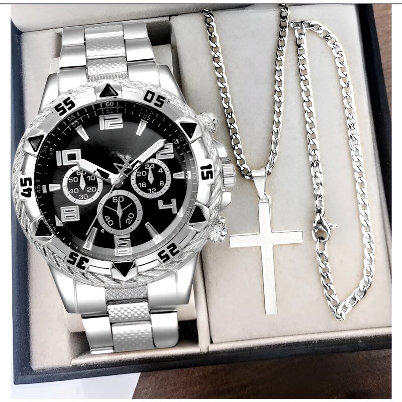 Kegllect 남성용 스틸 밴드 쿼츠 시계, 디지털 체중계 손목 시계, 목걸이 팔찌 세트