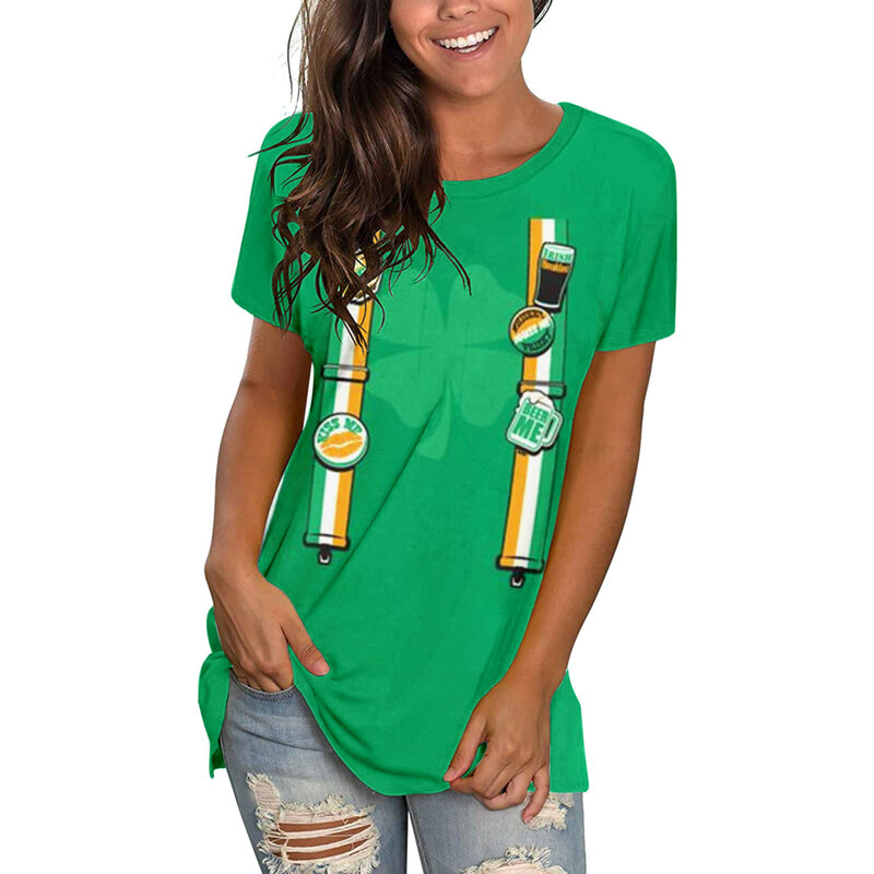 Kaus lengan pendek leher bulat wanita, atasan longgar nyaman bercetak pola hari Saint Patrick lucu
