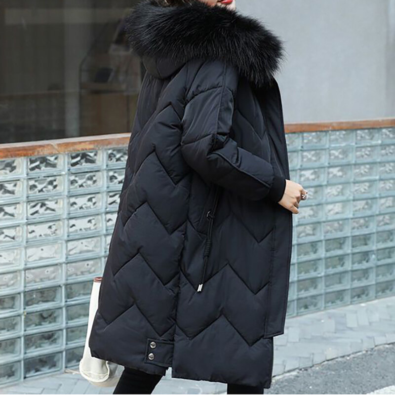Big Fur Collar Hooded Women Cotton Jacket Loose Casual Elegant Fashion Mid-Length Parkas 2023 Winter Female Thicken Coat