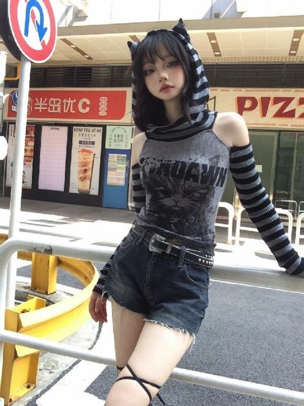 Худи HOUZHOU женское в готическом стиле, в стиле пэчворк, в японском стиле, в стиле панк, с принтом кота, с вырезами, тонкие пуловеры, мягкие, для девушек, 2000s