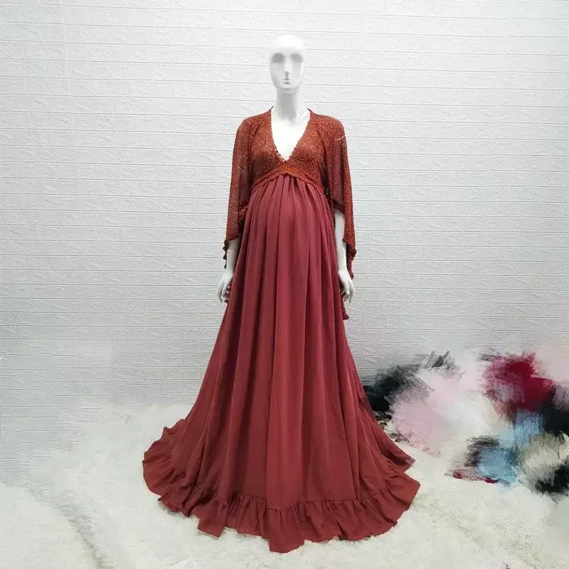 Boho Lace Maternity Photography Props Dresses Maternity Photo Shoot Maxi Gown V Neck Vintage Maternity Dresses for Baby Shower