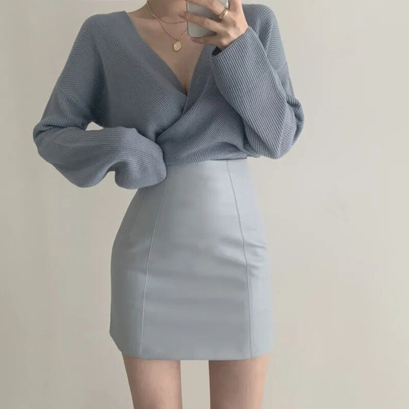 Mexzt schwarze Pullover Frauen koreanische unregelmäßige V-Ausschnitt gestrickte Pullover Büro Dame elegante Strickwaren Herbst Winter feste Pullover