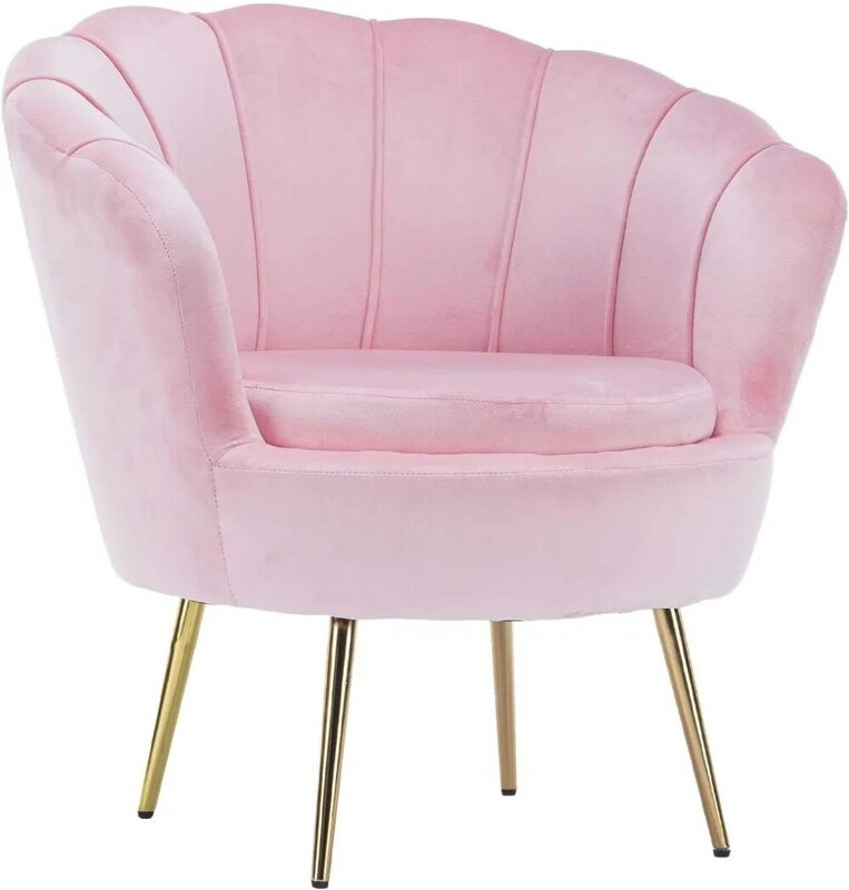 Kid's Chair Circular Tufted Accent Chair Faux Velvet with Gold Legs Pink Childrens Furniture in White