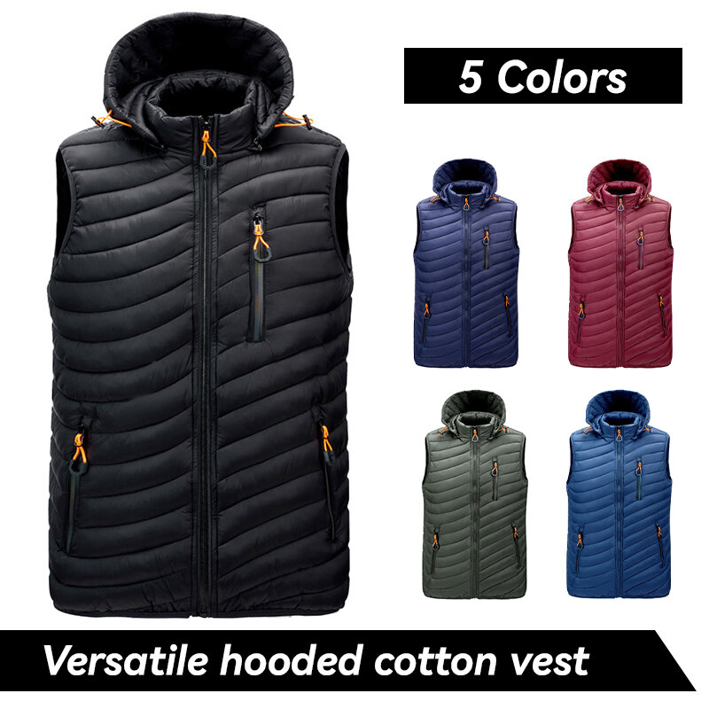 New Men's Zippered Hooded Vest For Autumn Winter Outerwear Warm Thickened Cotton Vest Fashion Casual Sleeveless Jacket Coat