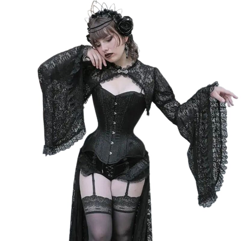 Nữ Tay Loe Crop Top Gothic Nửa Áo Thun Punk Giả Cổ Tinh Tế Khoét Hở Ren Smock Top hàng Ngày Trang Sức Giọt