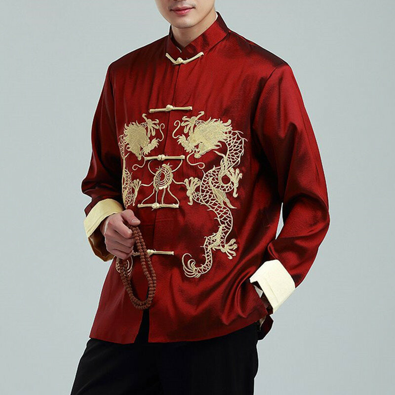 Męskie 2023 jesienne haftowany smok strój Tang kurtki koszula męska Top kurtka wysokiej jakości Cheongsam Hanfu Retro płaszcz Hanfu