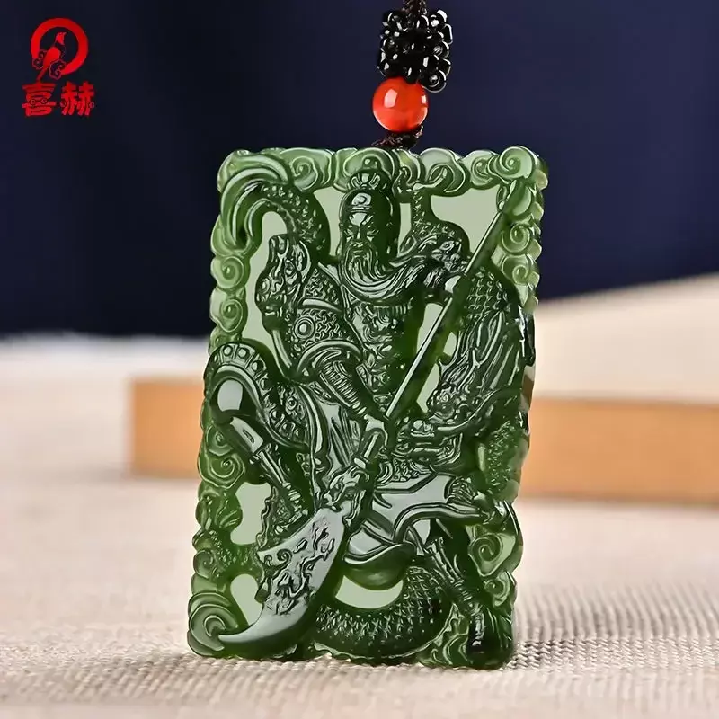 Wu God Of Wealth Lord Guan Gong Pendant Men's Spinach Green Square Brand Jade Glaze Good Lucky Guardian Amulet Bless Peace