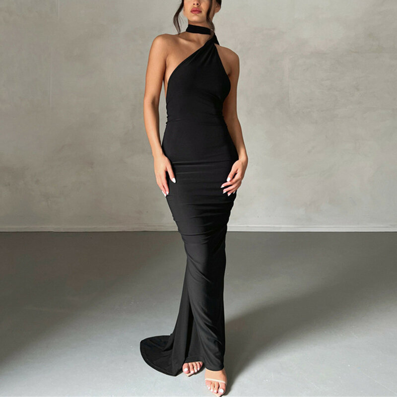 Женские платья, соблазнительное элегантное облегающее Клубное длинное платье макси с открытыми плечами, лямкой на шее и открытой спиной, женские повседневные Черные Облегающие юбки