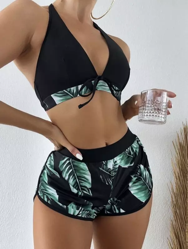 Conjunto de Bikini de tres piezas para mujer, bañador Sexy de cintura alta, traje de baño con estampado de hojas, ropa de playa