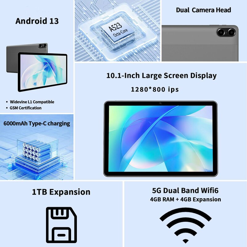 แท็บเล็ต10นิ้ว Android 13, 8(4 + 4)GB + 64GB ขยาย1TB, WIFI 6, ลำโพงกล่องคู่และกล้อง, BT5.0พร้อมสไตล์กลไก C
