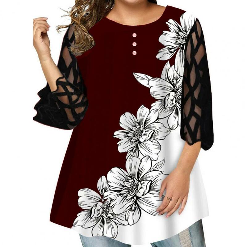 Blusa holgada de talla grande para mujer, camisa elegante con estampado Floral, malla transparente, Primavera