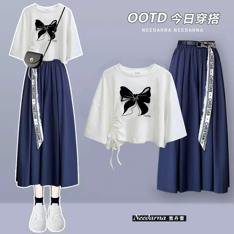 Frühjahr/Sommer Mode Set Damen koreanische lose Kurzarm T-Shirt hohe Taille weites Bein Hosen zweiteilig Set