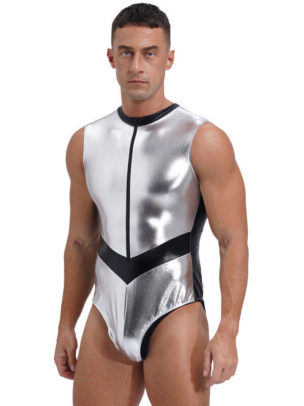Galaxy Astronauta Cosplay Trajes masculinos, metálico, brilhante, traje espacial, zíper frontal, sem mangas, macacão para Halloween, collant