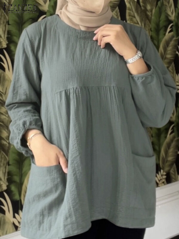ZANZEA Vintage jesienne muzułmańskie topy damskie jednokolorowa bluza luźna koszula z długim rękawem Dubai indyk Abaya Islam Blusas Mujer Femme