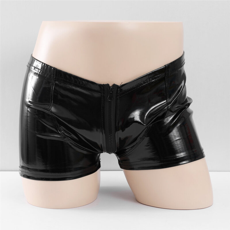 บ็อกเซอร์ขาสั้นสุดเซ็กซี่สำหรับผู้ชายกางเกงขาสั้นแบบมีซิปกางเกงบ็อกเซอร์ทรงบ็อกเซอร์หนัง PU เงางามกางเกงในชายกางเกงในกระพุ้ง