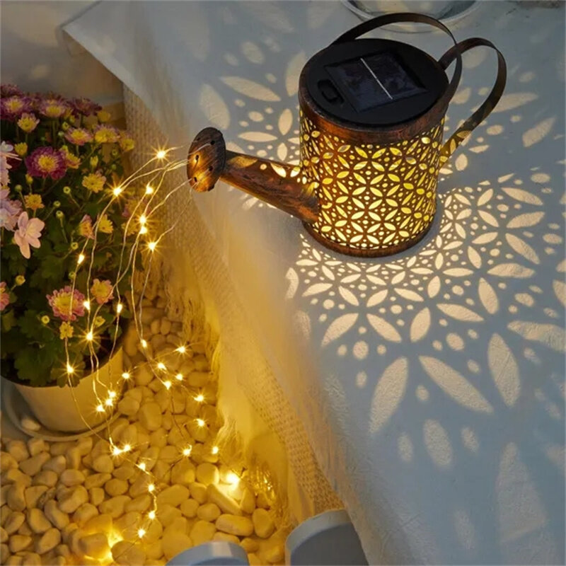 Hollow Wrought Iron Star Shower Lamp Solar Watering Can Fairy Light Garden Decoration Shower& Light Lawn Courtyard Decorations