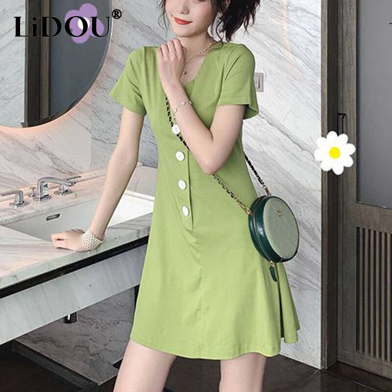 Gaun Mini wanita, musim panas V-neck kancing tunggal kasual mode Mini Vestido wanita lengan pendek warna Solid elegan jubah Femme A-line