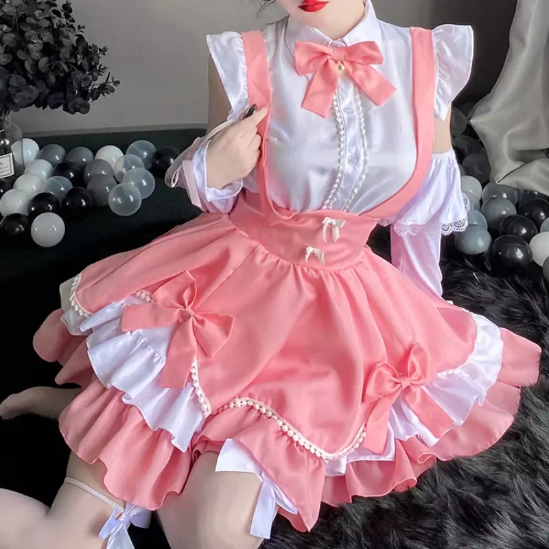 Gaun Lolita merah muda muda manis, permainan Cosplay cetakan susu roda Halloween 2023