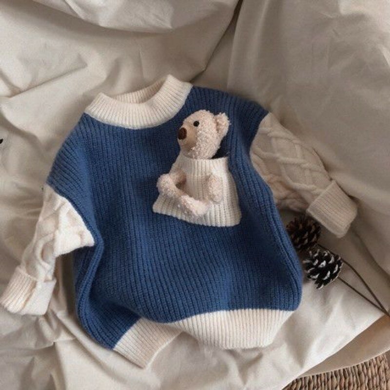 Maglione invernale addensato per bambini camicia lavorata a maglia in peluche a contrasto di colore coreano per ragazzi e ragazze con scollo tondo e sottofondo