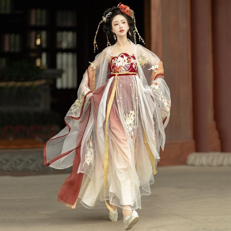 2023 Hanfu فستان نسائي تقليدي صيني يومي نمط سلالة تانغ أحمر تحسين الخصر طويل الأكمام فساتين البدلة زي