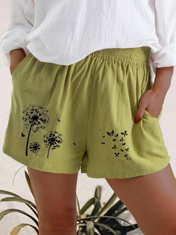 Shorts for Women Summer High Waist Dandelion Printed Cotton and Linen Pocket Shorts for Women