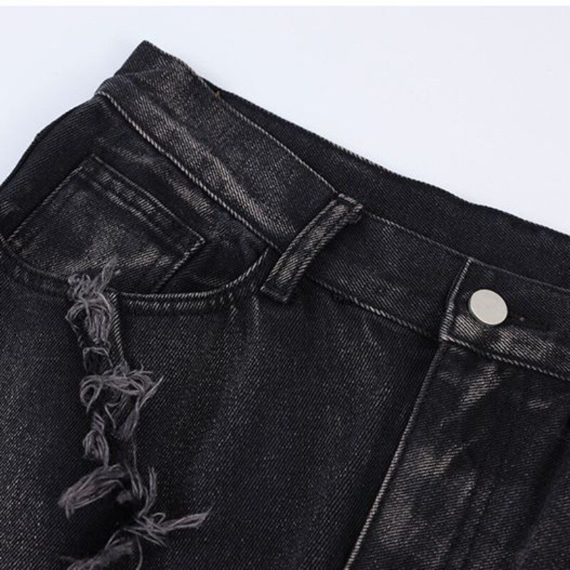 Męskie nieobszyte brzegi jeansy Y2K amerykański retro destrukcyjna pajęczyna nieobszyte brzegi jeansy męskie europejska i amerykańska moda uliczna luźne spodnie