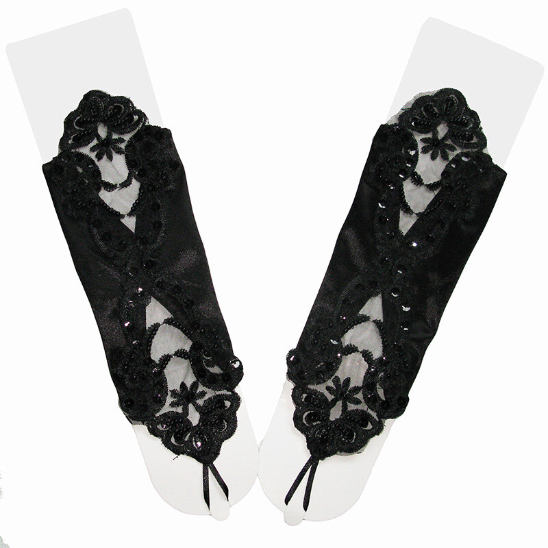 Перчатки женские короткие атласные, модные пикантные кружевные митенки с полупальцами, с жемчугом, в стиле ретро, для вождения, B96