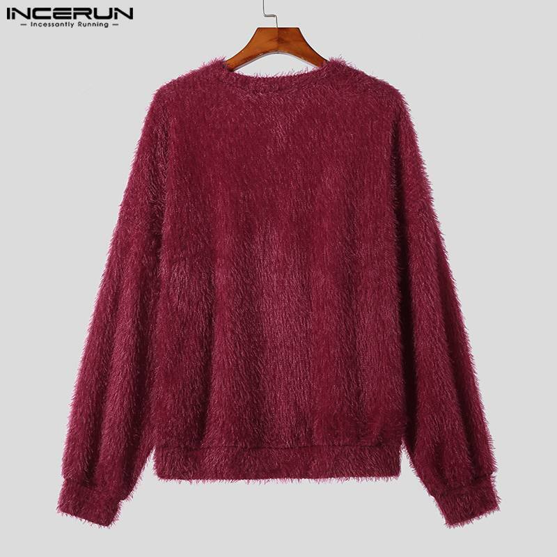 Casual Simple Style Tops INCERUN New Mens Loose Imitation Plush Fabric Pullover Streetwear Male Solid Long Sleeved Sweater S-5XL