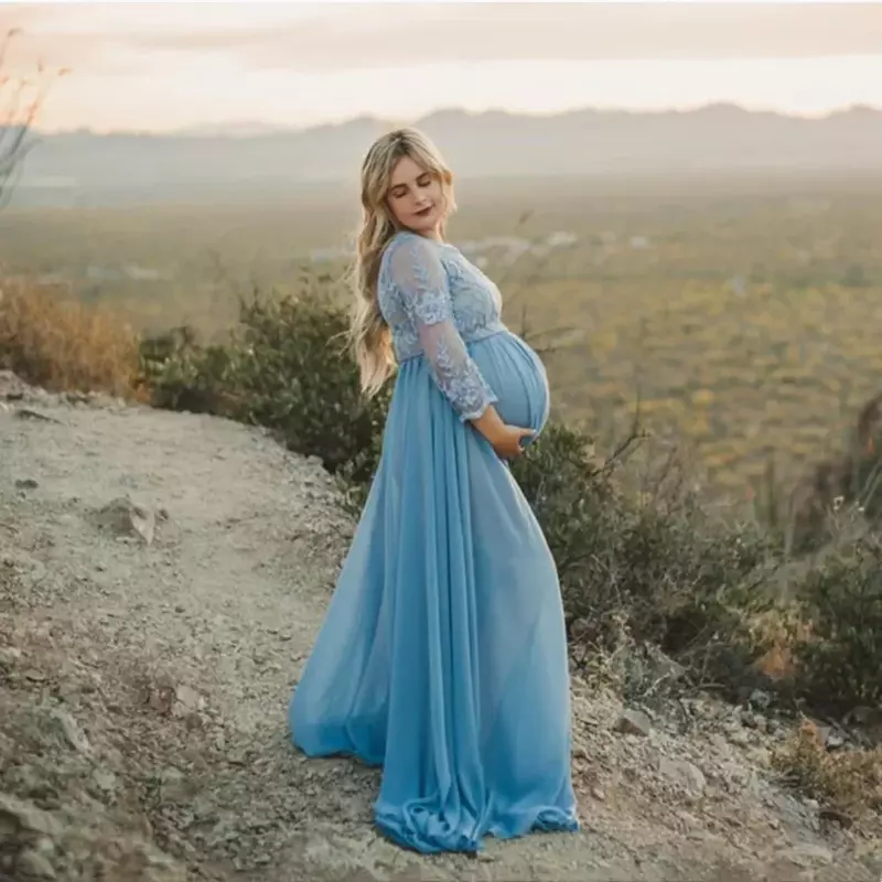 Nowy koronkowa dla przyszłej mamy szyfon powłóczysta sukienka kobiet w ciąży wiosenny jesienny suknia Maxi zdjęcie rekwizytu przejrzenia odzieży