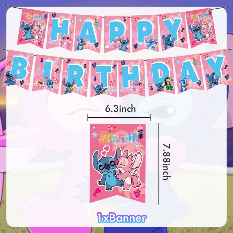Decoraciones de fiesta de cumpleaños de Lilo Stitch rosa, taza de papel, plato, servilleta, mantel, pancarta, globo para niños y niñas, suministros para Baby Shower