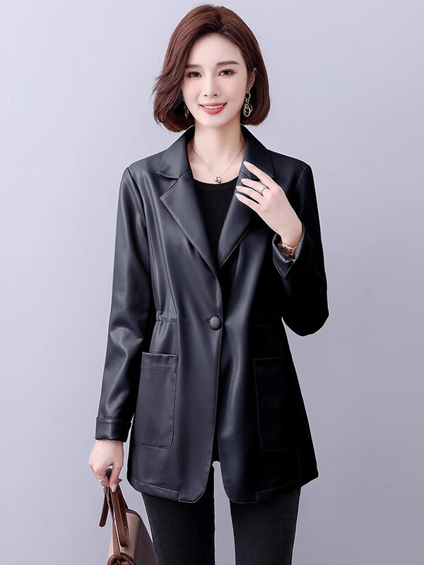 New Women Loose Leather Blazer Spring Autumn Elegant Fashion Single Button Adjustable Drawstring Leather Jacket Split Leather