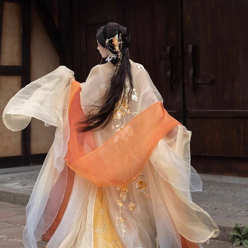 Hanfu camisa de manga grande bordada de estilo chino tradicional para mujer, hecha en naranja, tiro de rendimiento para estudiantes y adultos