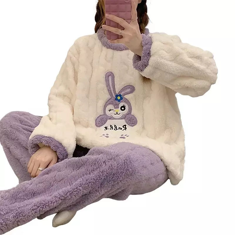 Autumn and Winter Flannel Girl Set Pajamas Cute Cartoon Cartoon Rabbit Pajamas Can Be Worn Outside for Daughter's Birthday Gifts
