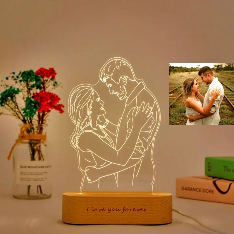 Lâmpada 3D personalizada para foto e imagem, luz noturna personalizada, texto de gravura, aniversário de casamento, dia dos namorados, casal animal presentes