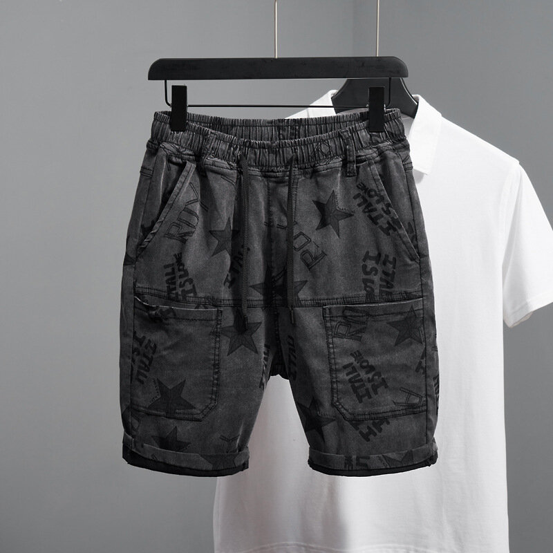 Летние джинсовые шорты с несколькими карманами для мужчин, модные уличные эластичные повседневные свободные джинсовые брюки с принтом